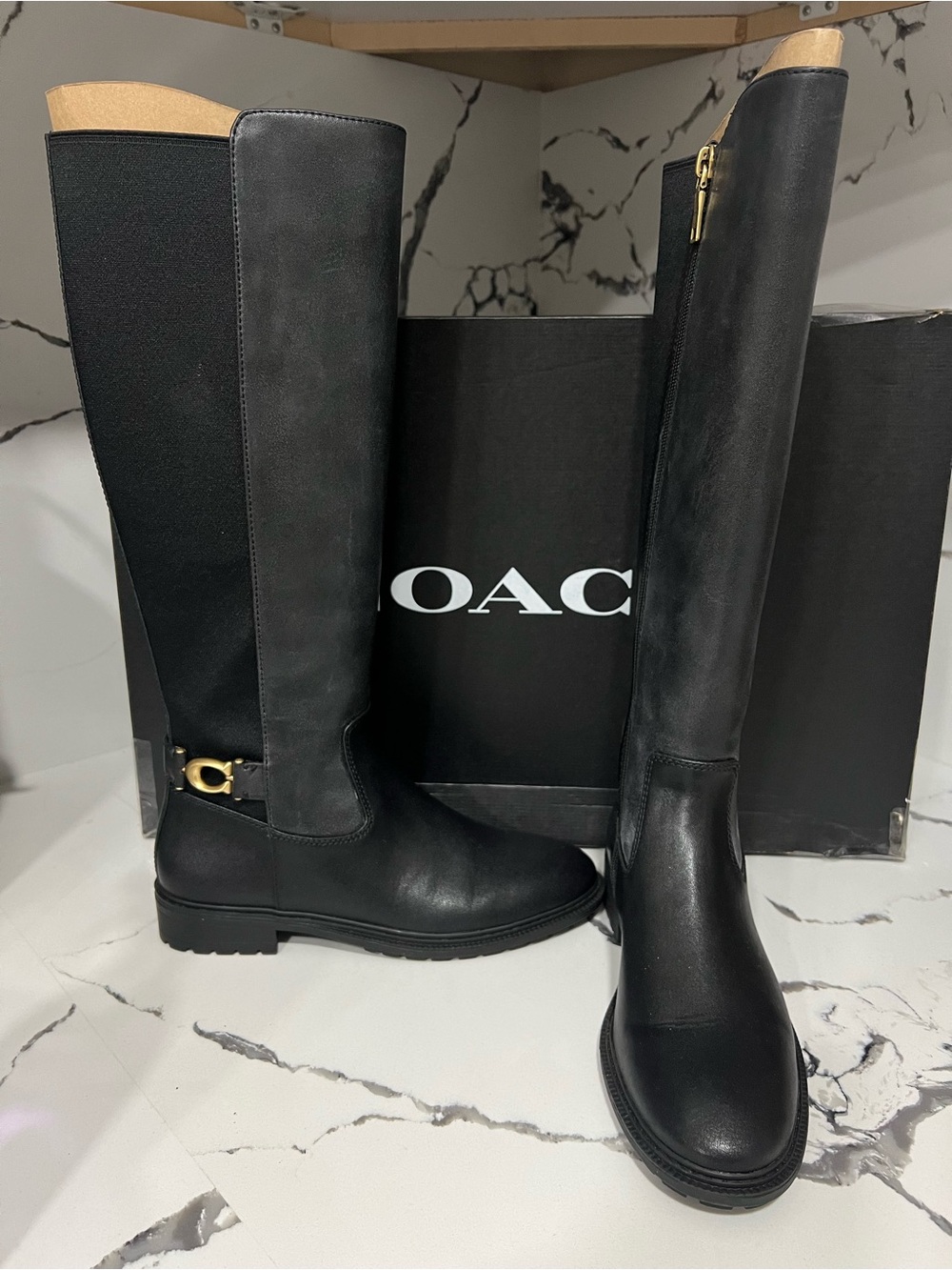 Coach Faith Black Leather Riding Boots with Gold Hardware